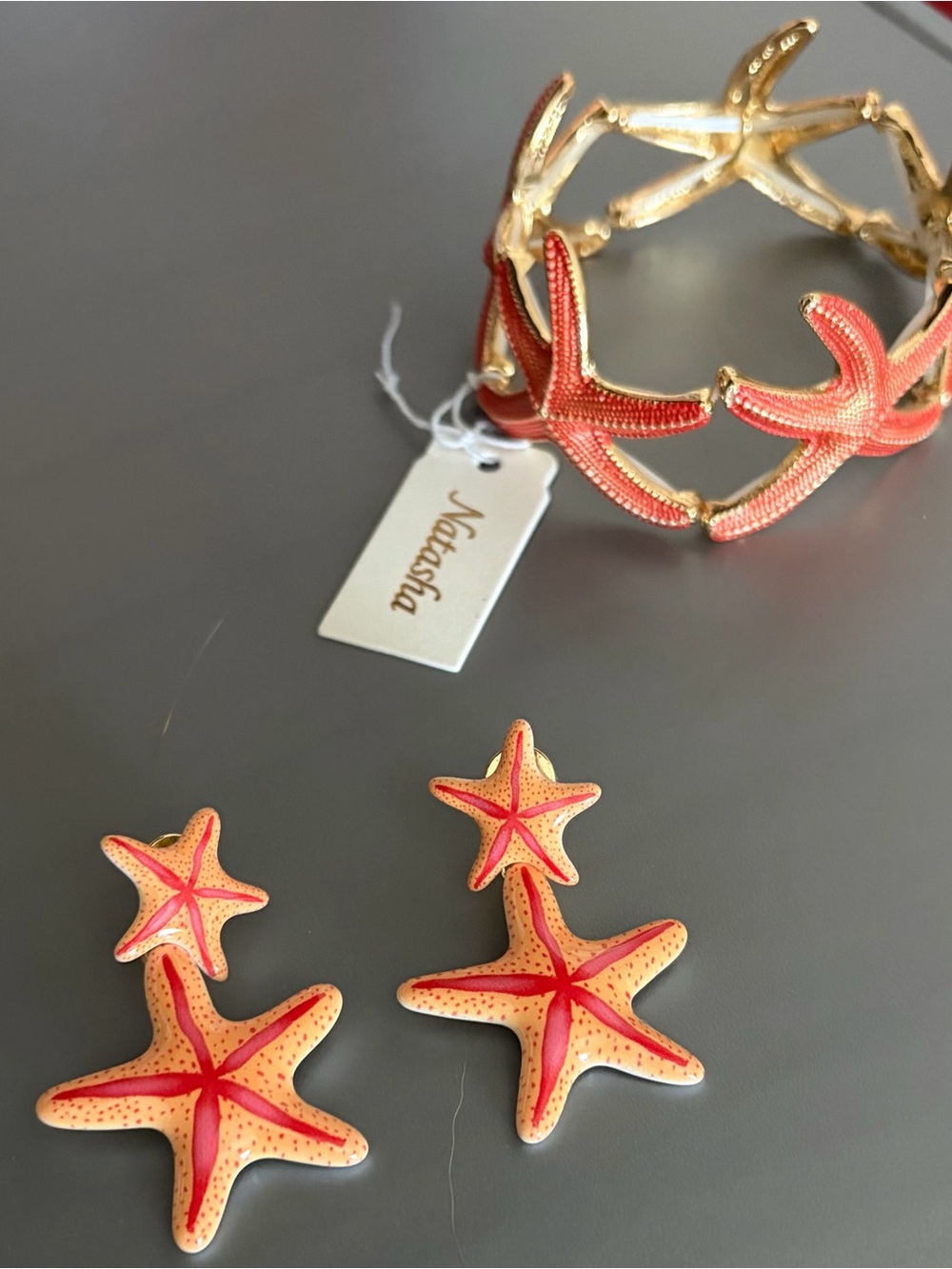 Natasha Couture Coral Starfish Bracelet and Drop Earrings - Orange, Red, Gold